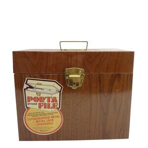 Vintage Brown Faux Wood Metal Porta File box With Key